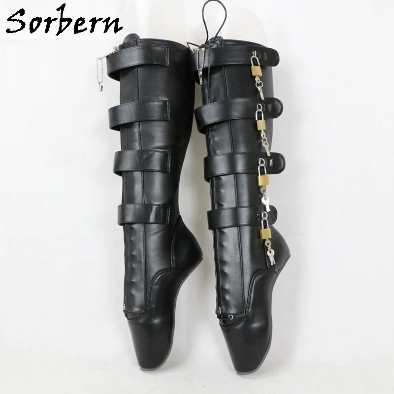 

Sorbern BDSM Heelless Boots Women 8 Locks Keys Knee High Lockable Zipper Ballet Woman Heel Hard Shaft No Strechy Boot Custom