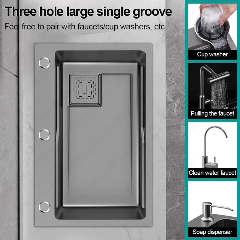 Multifunctional Kitchen Sink Large Capacity Vegetable Basin Above Counter or Undermount With Pull-Out Faucet Drain Accessories