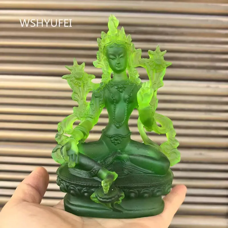 Glass Green Buddha Statue Household Enshrine Buddha Statue Ornament Chinese Style Buddhist Shrine Ornament Religious Supplies