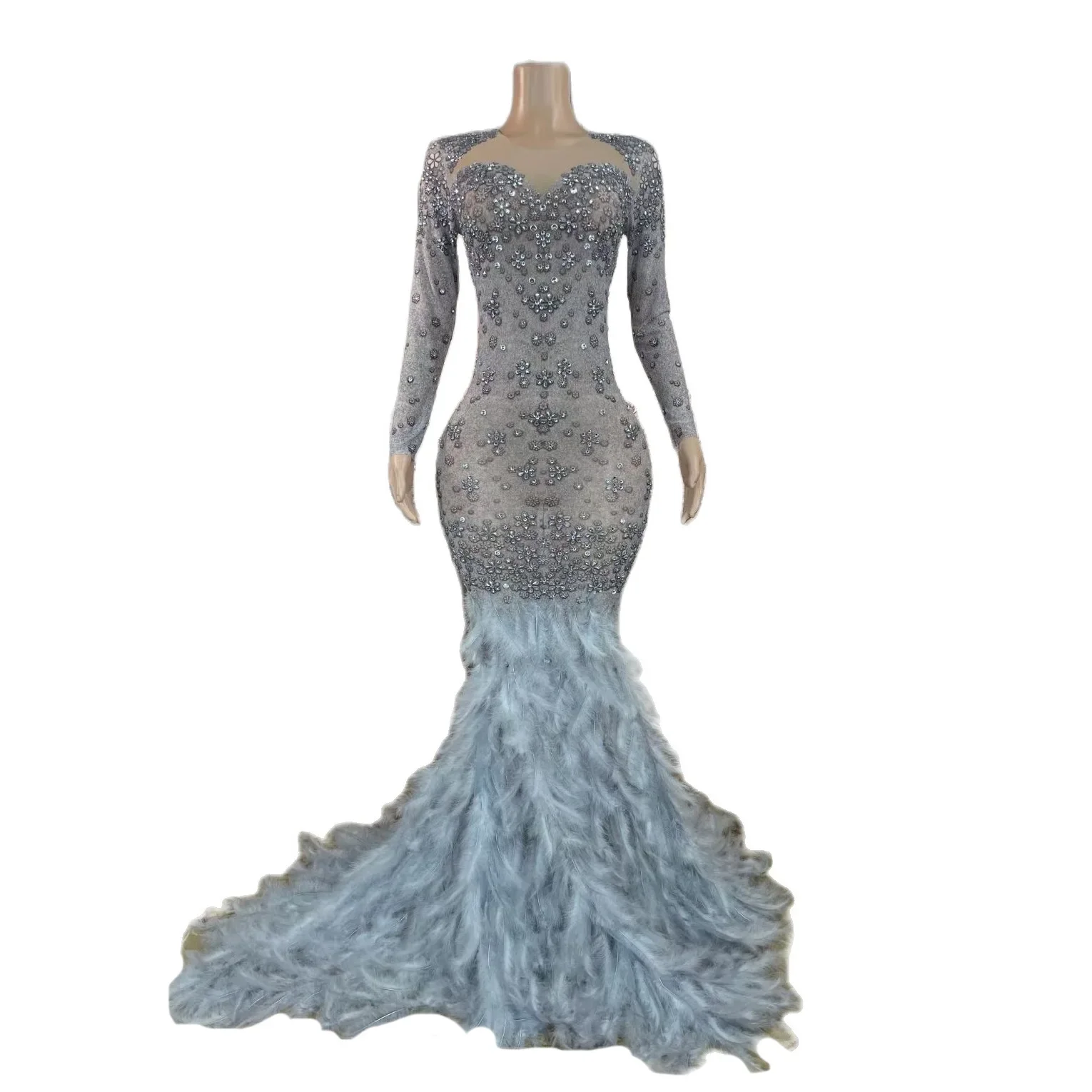 

Long Sleeves Shining Rhinestones Sexy Blue Feathers Mermaid Dress For Women Evening Celebrity Clothing Ballroom Stage Costume