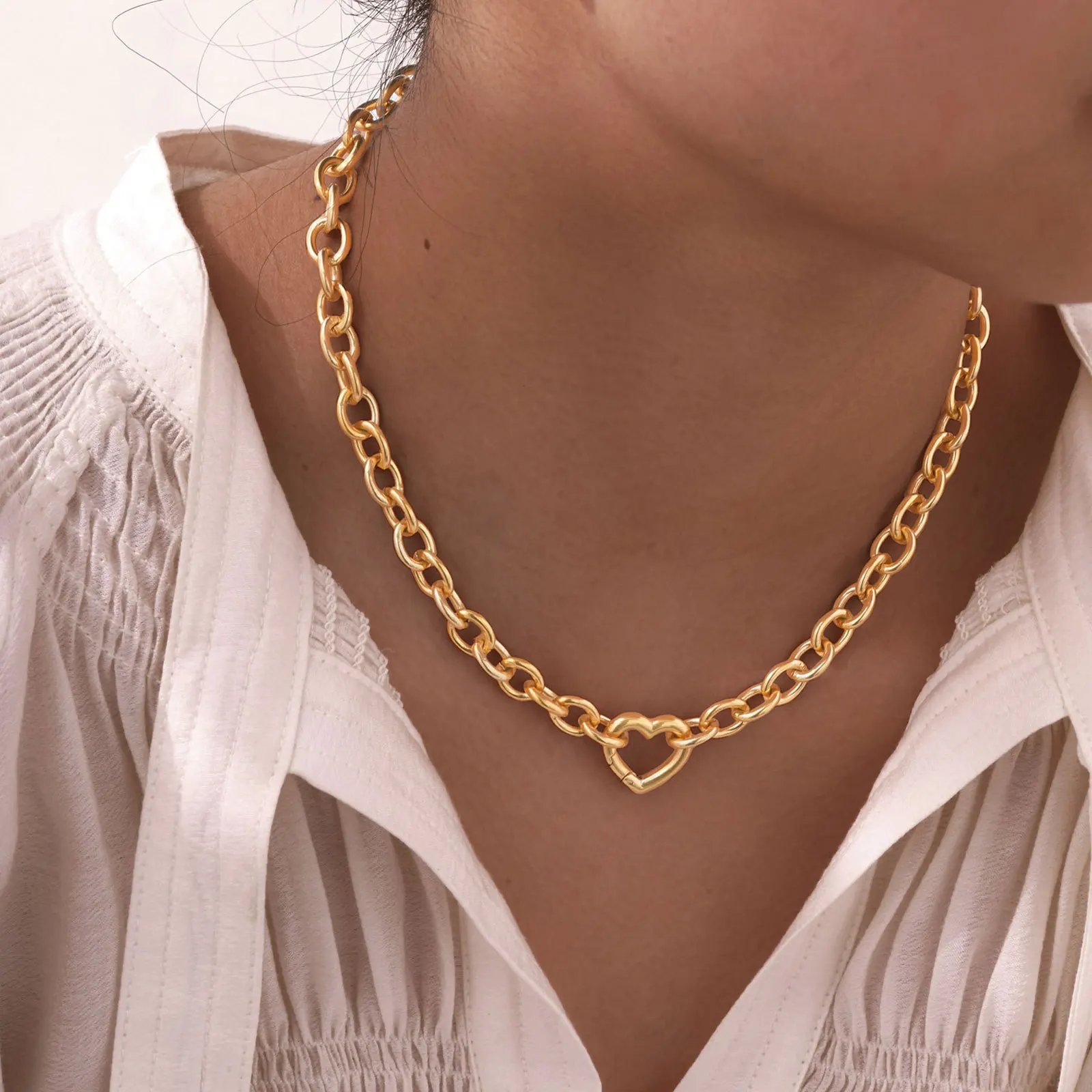 Gold Stainless Steel Oval Rolo Link Chain Heart Tag Pendant Necklace Charm Bracelet 8mm Wide For Women Mens GANY2029