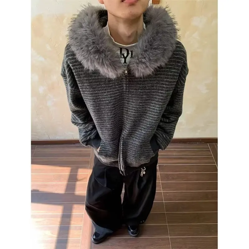 

Men's Hooded Knitted Jaet Large Size Autumn Winter American Retro Striped Fur Collar Open Cardigan Breathable Casual Sweats...