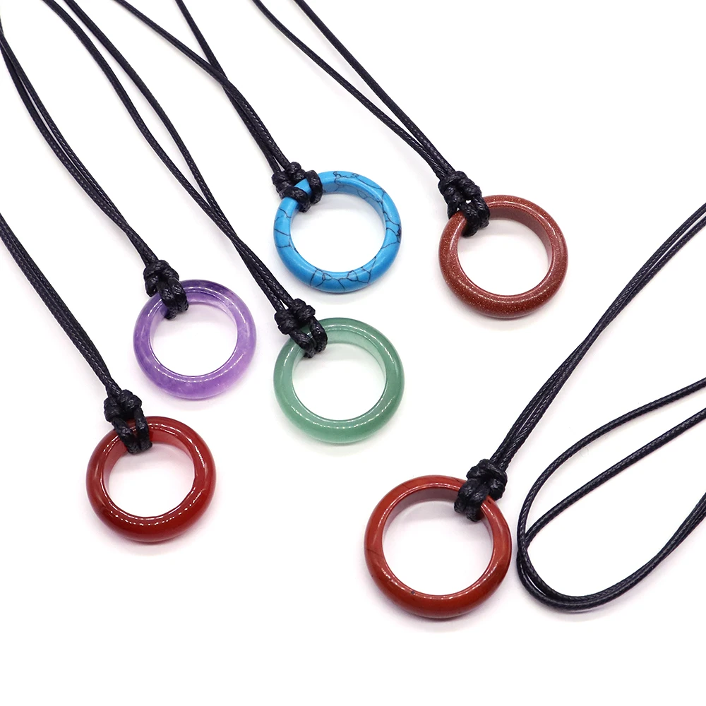 Circle Of Life Eternity Love Necklace Black Leather Cord Wax Rope Adjustable Chain Natural Stones Ring Pendant Crystals Jewelry