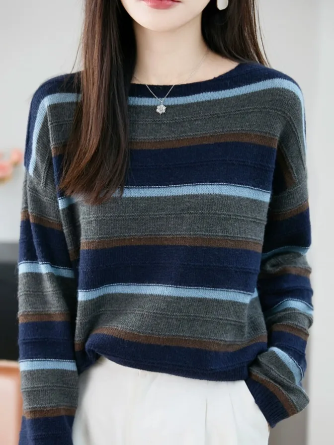 レトロストライプニットウェアラウンドネックレイジー女性用セーターハイエンドブランド新品2025ソフトウォームウールカジュアルファイオントップ