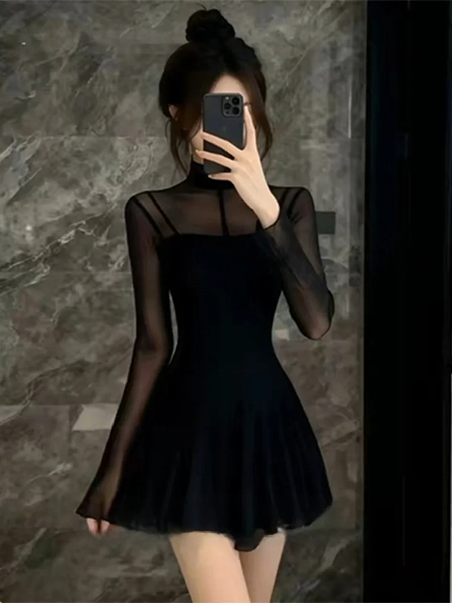 

Chic round Ne Me Splice Long Sve Women's Dr Waist Cinched ort A-Line Skirt Sle Autumn Winter New Arrival