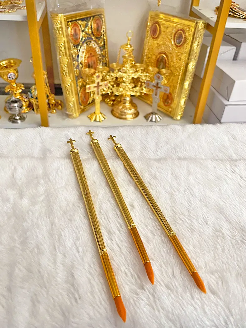 HTISOK 3 Stück Goldfarben-Pinsel mit Kreuzkopf, Kunstpinsel aus Legierung für religiöse Malerei und Bastelprojekte – Detail 7