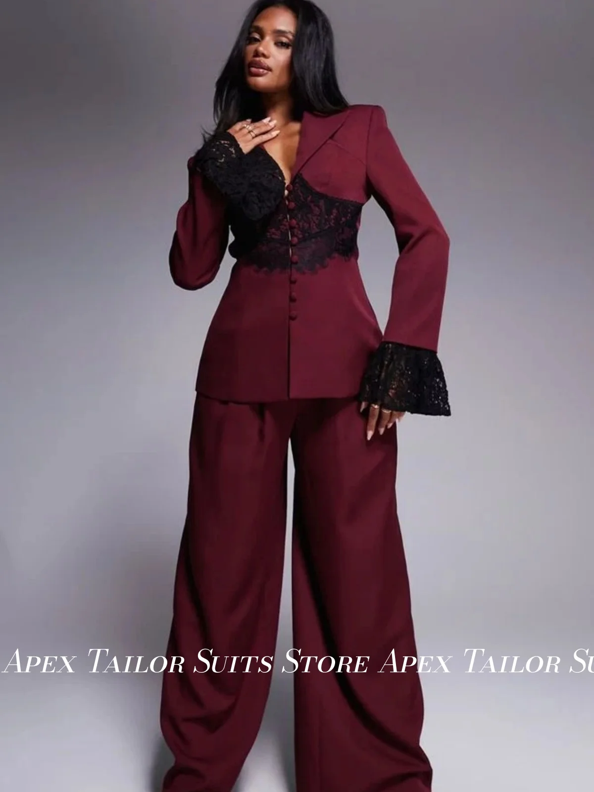 Women Suit Set 2Pcs Blazer Wide Leg Pants Set Burgundy Flare Lace Cuff Formal Office Party Ladies Outfit Customized