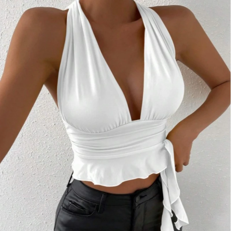 Wrinkles and tight fitting tops, sexy, deep V-neck, tight fitting, spring, beach resort, disco, new, 2025