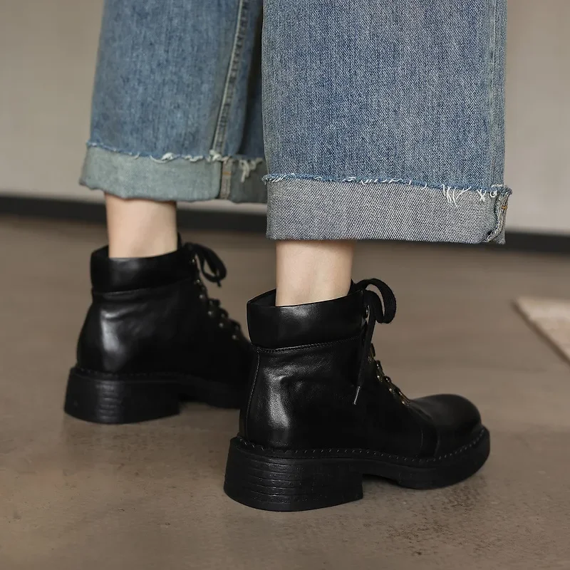 Genuine Leather Women Ankle Boots Washed Cowhide Retro Lace Up Combat Boots Mid Block Heel Square Toe Spring Winter Warm Booties
