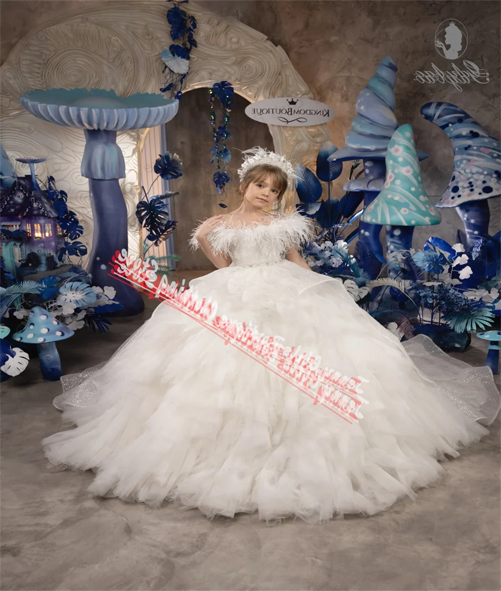 

White Luxury Feather Elegance Flower Girl Dresses For Wedding Layered Puffy Wedding Prom Party Customize Girl Costumes