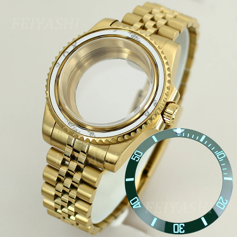 Casing jam tangan SUB Watch emas 40mm gelang C3 Bezel bercahaya untuk Seiko NH34 NH35 NH36/38 Miyota 8215 ETA2824 gerakan 28.5mm Dial