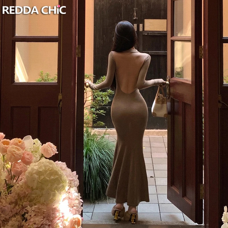 REDDACHiC الدانتيل شير الصوفية فستان منسوج كم طويل الياقة المدورة مفتوحة الظهر Bodycon حورية البحر ماكسي فستان طويل مثير الخريف ملابس امرأة