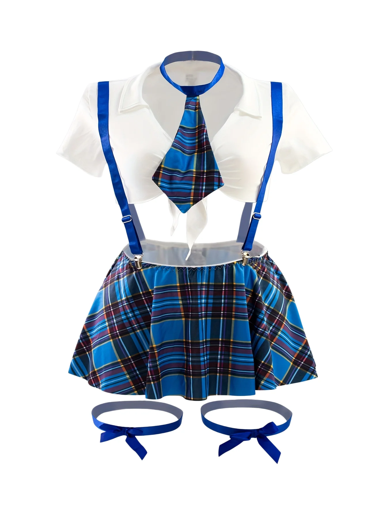 

Sexy Plaid Lingerie Set 5 Pcs Schoolgirl Cosplay Costume with Suspender Skirt Tie and Garters Role Play Uniform for Women