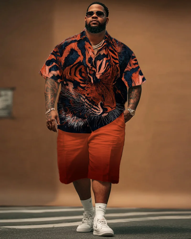 

S-9XL Men's Large Size Animal Print Retro Shirt Short Sleeve Shorts Two-piece Set