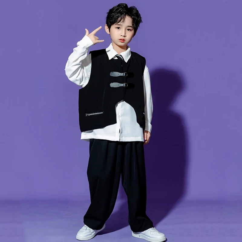 어린이 힙합 의류, 흰색 셔츠, 블랙 셔플 바지, 소년 소녀 스트리트 댄스복, 재즈 댄스 코스튬, 어린이 스트리트웨어, VDL2797