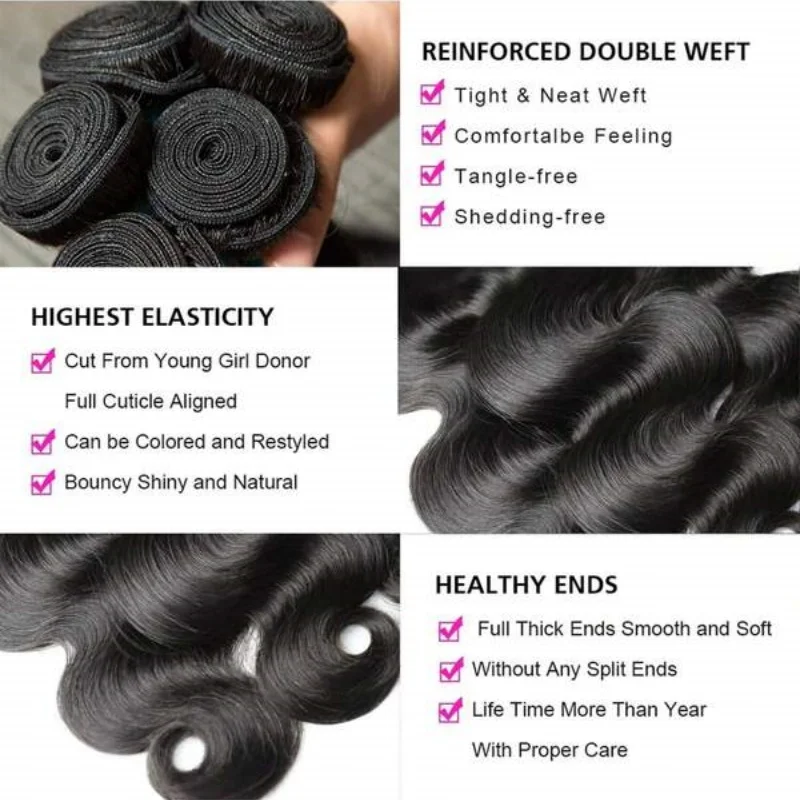 الجسم موجة حزم شعر مستعار بشري 32 بوصة أسود طبيعي 1-3-4 حزم عذراء شعر بشري خام النسيج لحمة مزدوجة للنساء