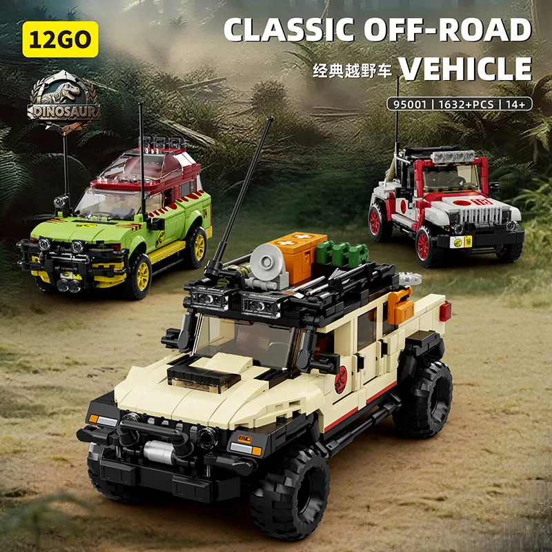 1632PCS Klassische Geländewagen Bausteine Jurassic Dinosaurier Szene SUV Auto Modell Kinder Montage Spielzeug Jungen Ideales Urlaub geschenk