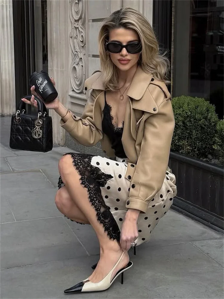 Vintage Satin Polka Dot Midi Skirt for Women Elegant Lace Patchwork Skirts Summer New In Coffee Black Champagne Female Clothing