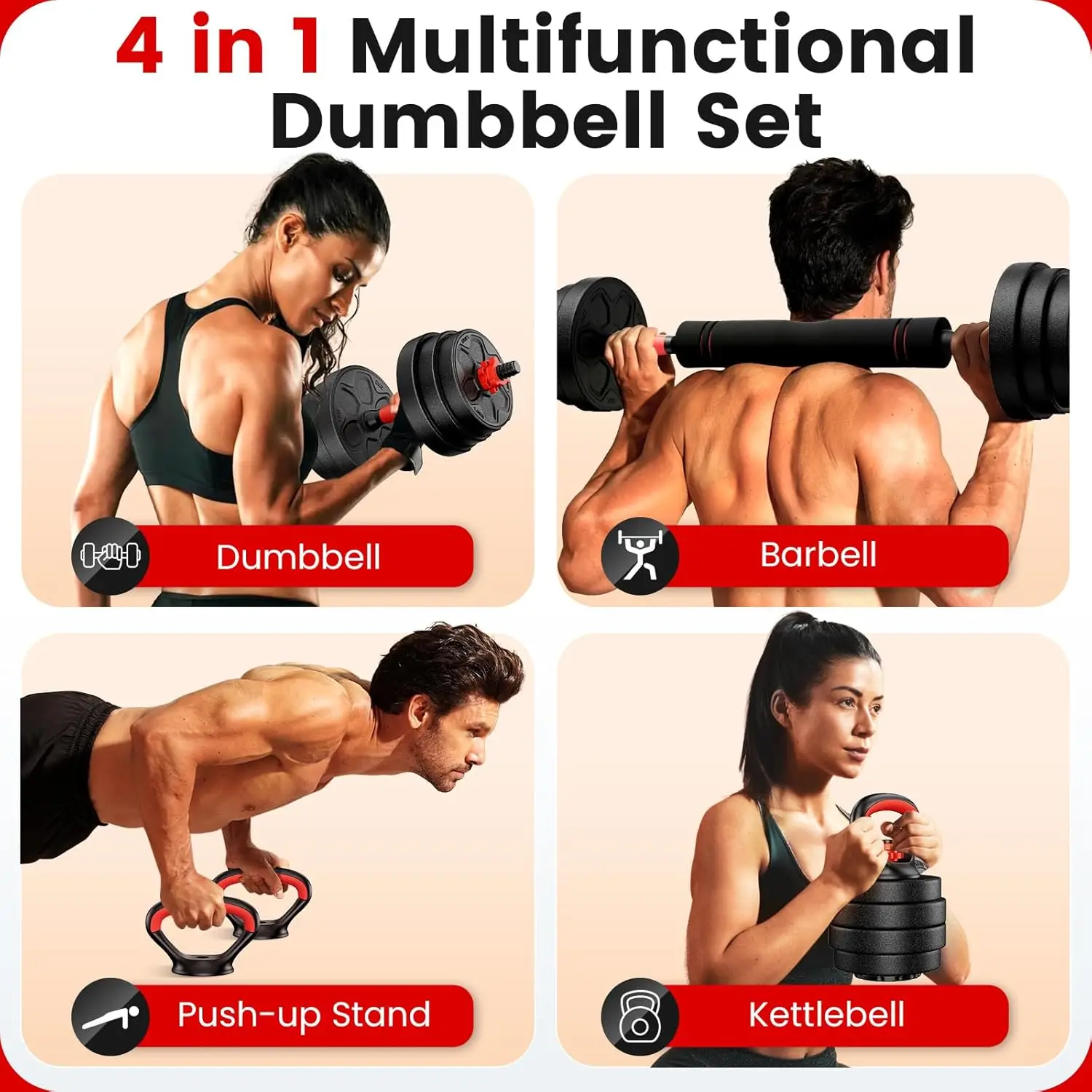 Adjustable Dumbbell Set, 20/33/45/70/90lbs Free Weight Set with Connector, 4 in1 Dumbbells Set Used as Barbell, Kettlebells