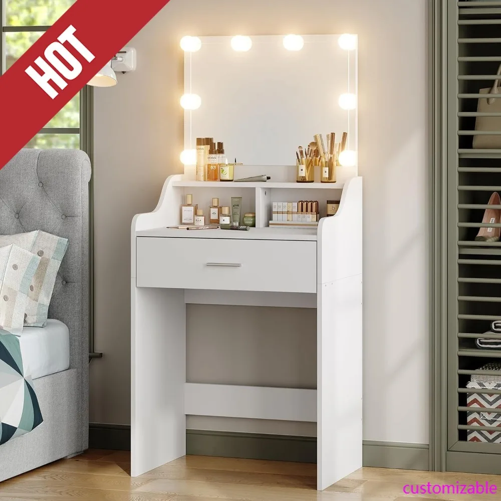 

HOT-Vanity Desk With Mirror And Lights, 23.6" Small Makeup Vanity Table Set With Storage, Drawer, 3 Lighting Modes Adjustable Br
