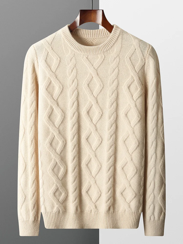 

100% Merino Wool Men's Round Neck Thickened Autumn Winter Warm Casual Fashionable Knitted Sweater