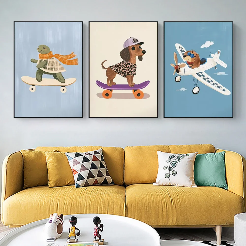 (No frame)Cartoon Canvas Painting Wall Art Dog Airplane Lion in Car Animal Skateboard Tiger on Bicycle Poster Print For Nurse