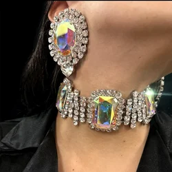 CUIER Glass Gemstones Big Size Women Choker Earring Stud Jewelry Set Wedding Stage Necklace Accessories