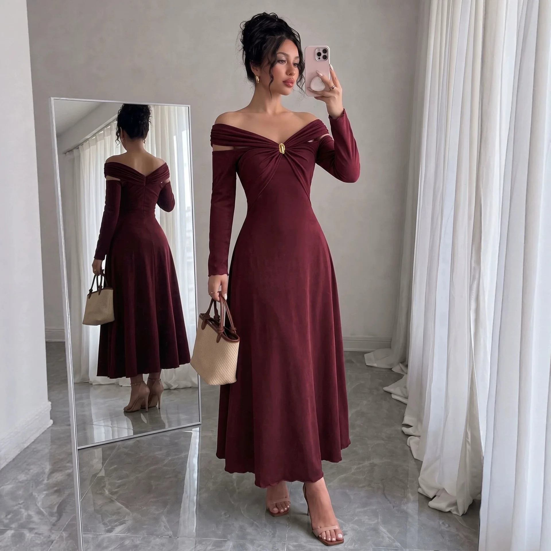 Women's Fashionable Erotogenic V-neck Long Sleeve Clothes With Pleated A-line And Waist Cinching Design Clothes Lace Party