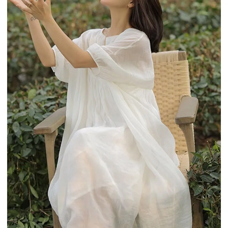 High-end clássico artístico algodão linho feminino primavera verão dupla camada gaze textura torcida Dr cintura solta saia evasê...