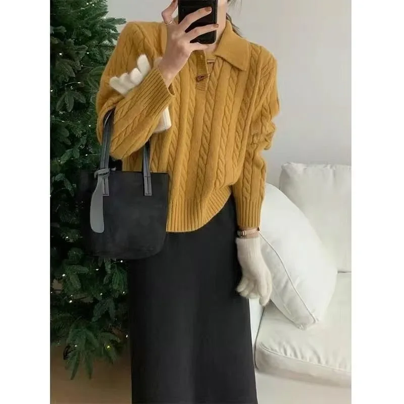 Французский новый стиль, простой пуловер в пригородном стиле, осень-зима, темпераментный свитер на пуговицах с поворотным рогом, корейская версия