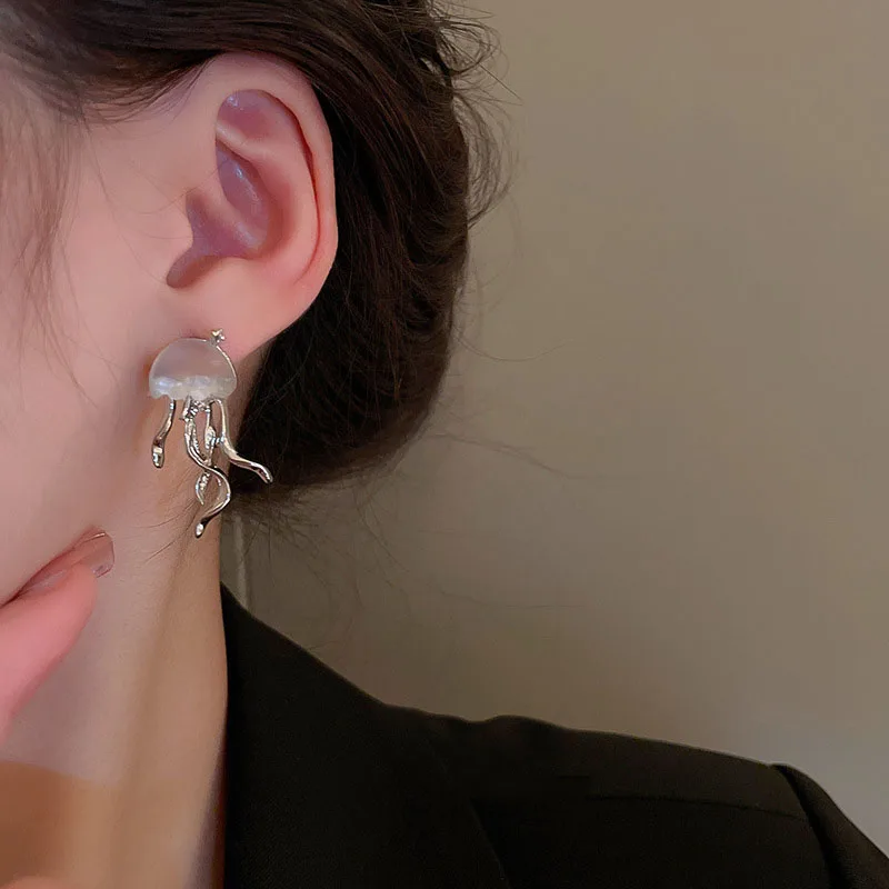 Personalized White Frosted Jellyfish Stud Earrings s925 Silver Needle Ocean Style Fashion Jewelry For Women Vacation image 4