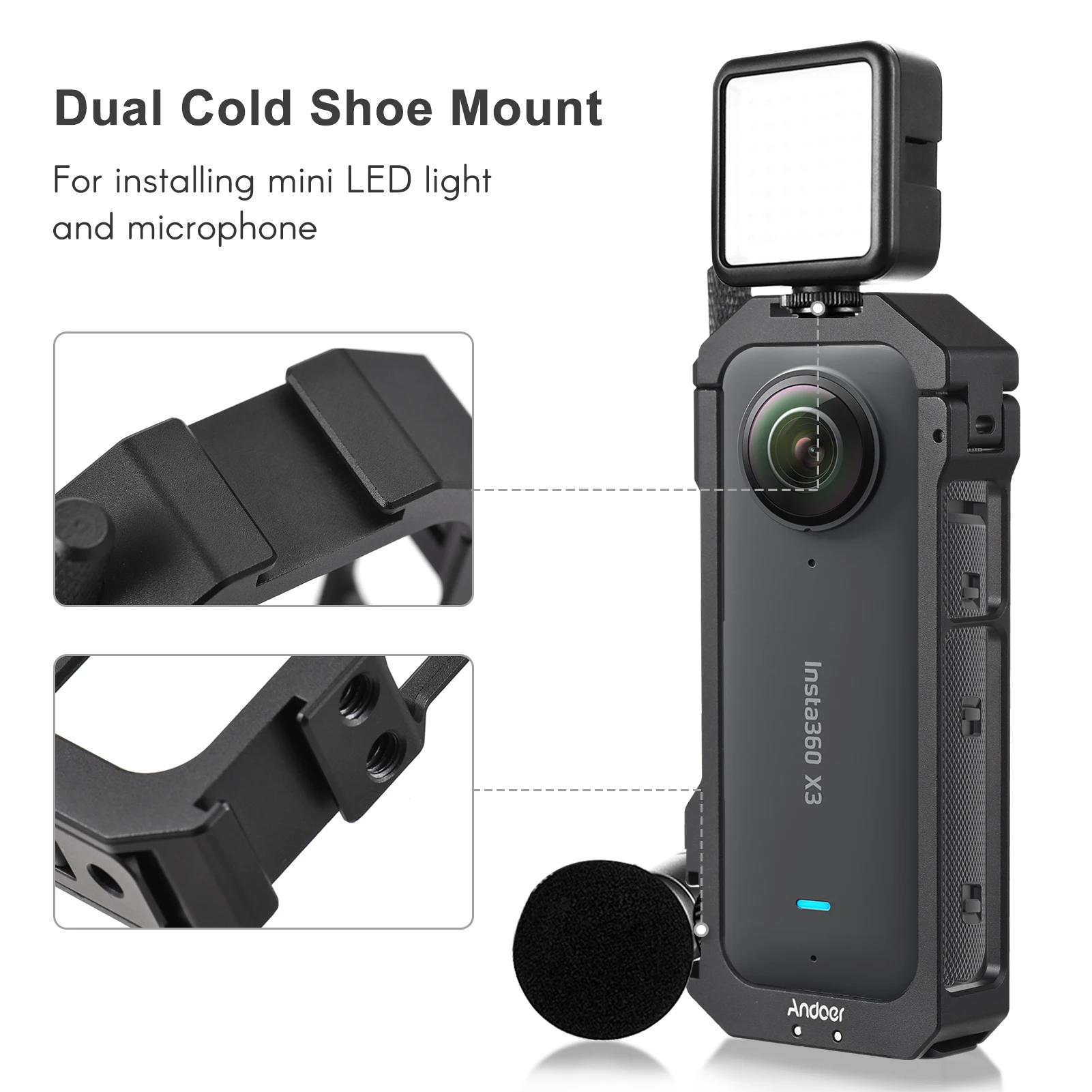 Andoer Panoramic Camera Video Cage Aluminum Alloy with Dual Cold Shoe Mounts Metal Protective Frame Camera Cage for Insta360 X3