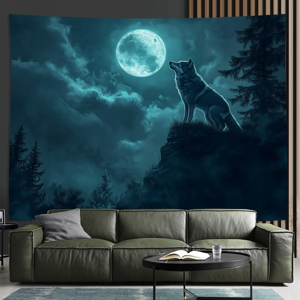 VIKAMA Moderne Kunst Wolf Mond Wandteppich Wohnzimmer Schlafzimmer Ins Stil Eingangsbereich Hintergrund Wand Skandinavischer Stil Dekoration