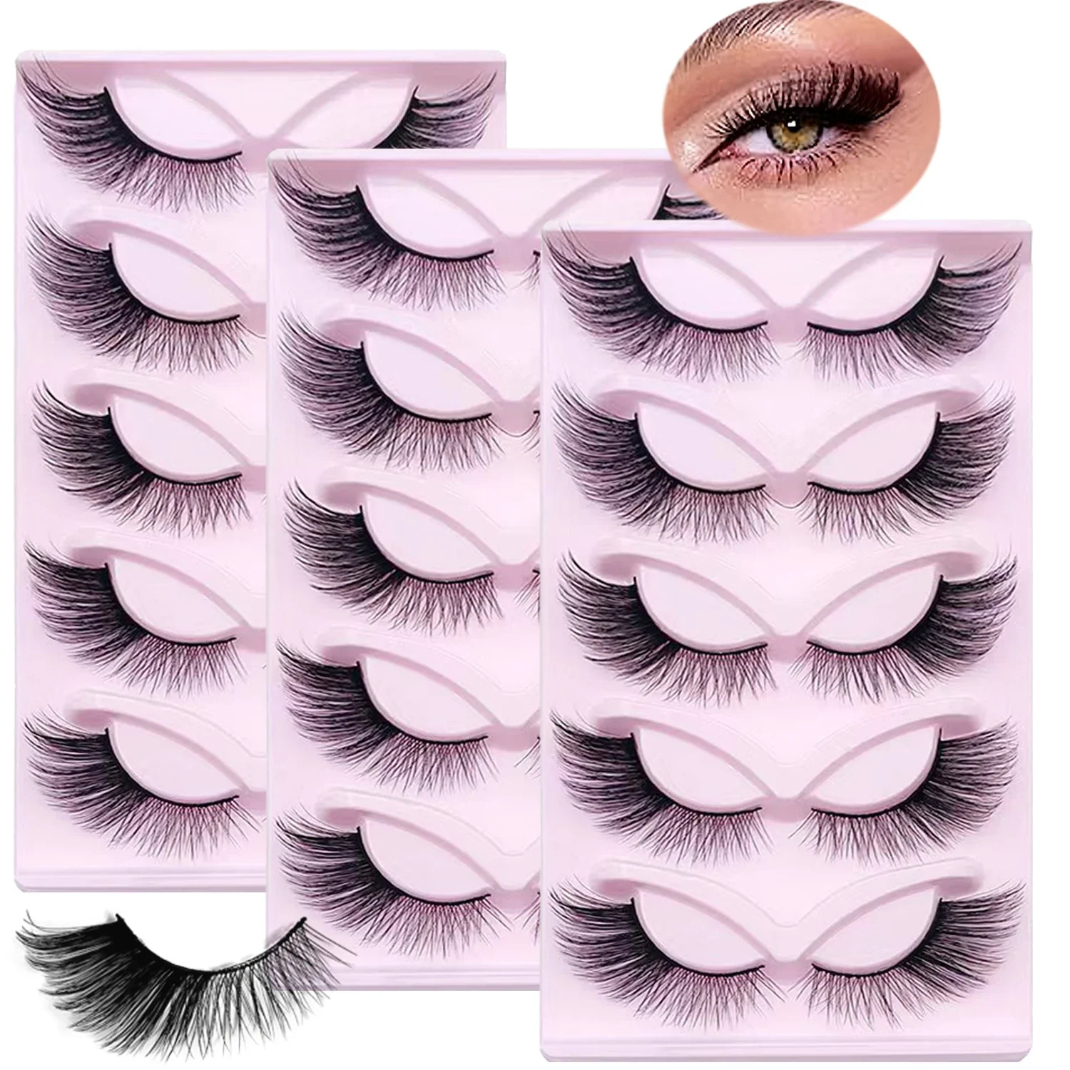 15 คู่/3 แพ็ค CAT EYE Lashes 18 มม.แมวตาธรรมชาติดูขนตาปลอม Wispy Fluffy Strip Lashes