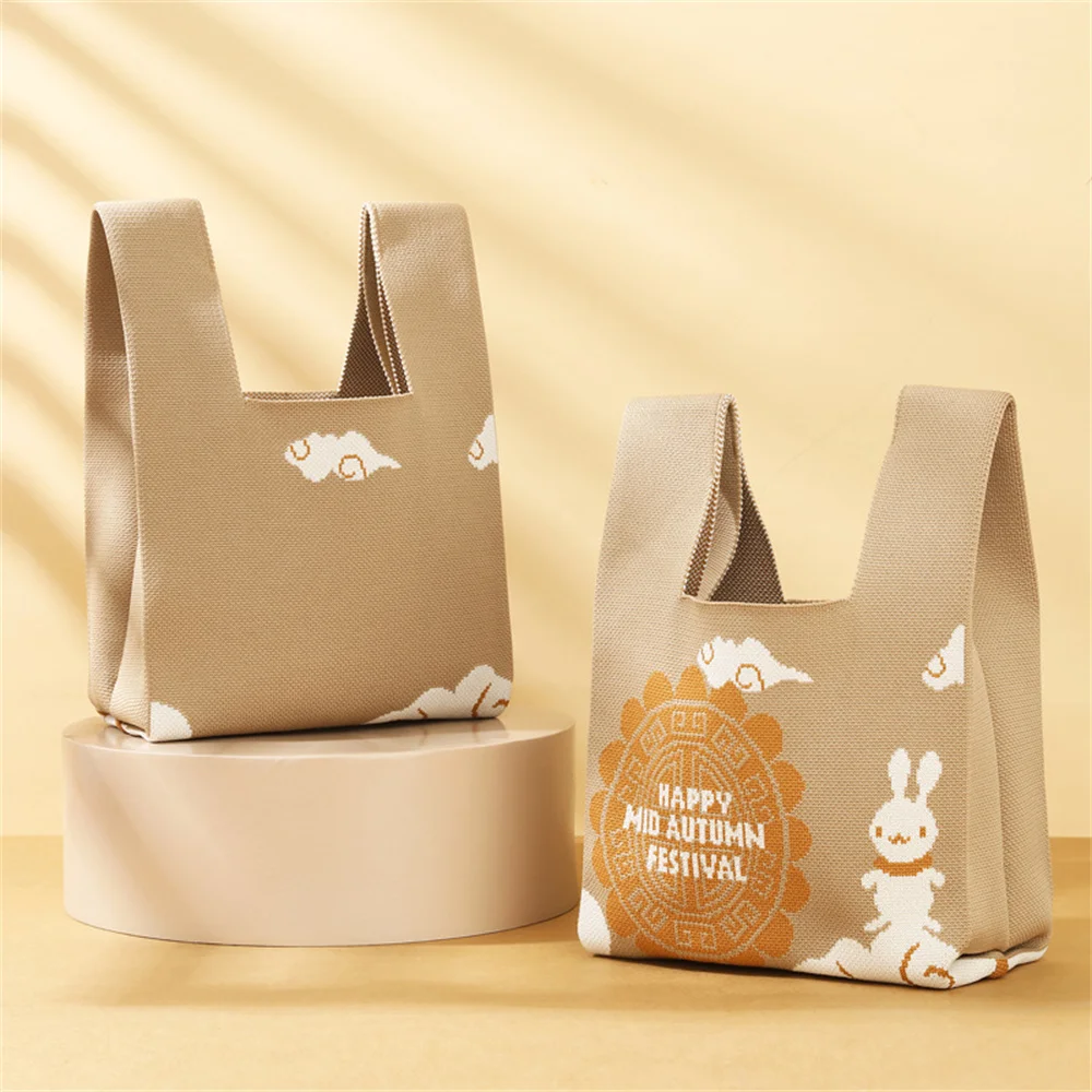 Mid-Autumn Festival Knit Handbag Cartoon Moon Rabbit Pattern Tote Bag High-Capacity Shopping Bags Mooncake Gift Packaging Bag