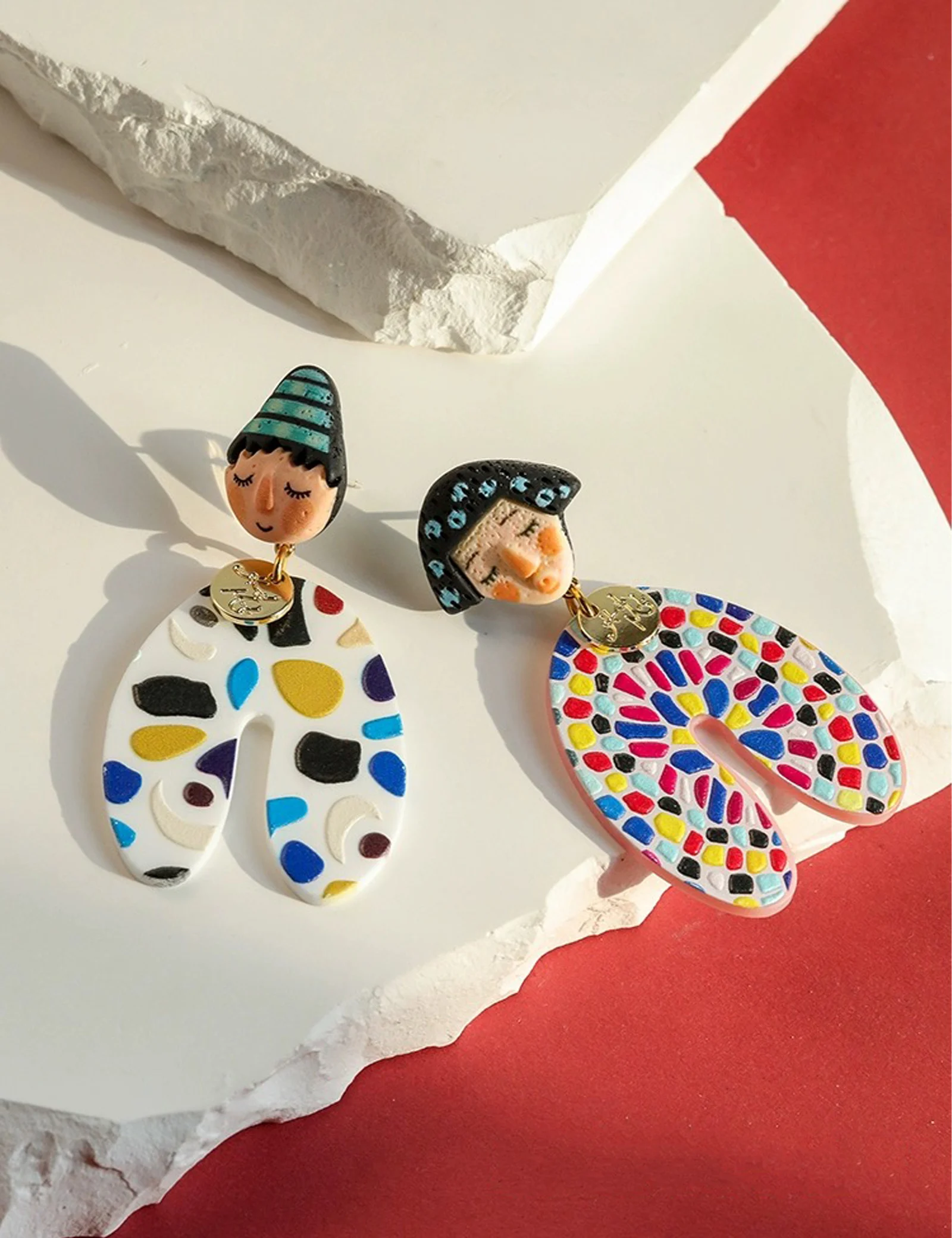 A Pair of Fashionable and Personalized Ethnic Style Indian Dolls With Colorful Polka Dot Cartoon Portraits Asymmetrical Earrings