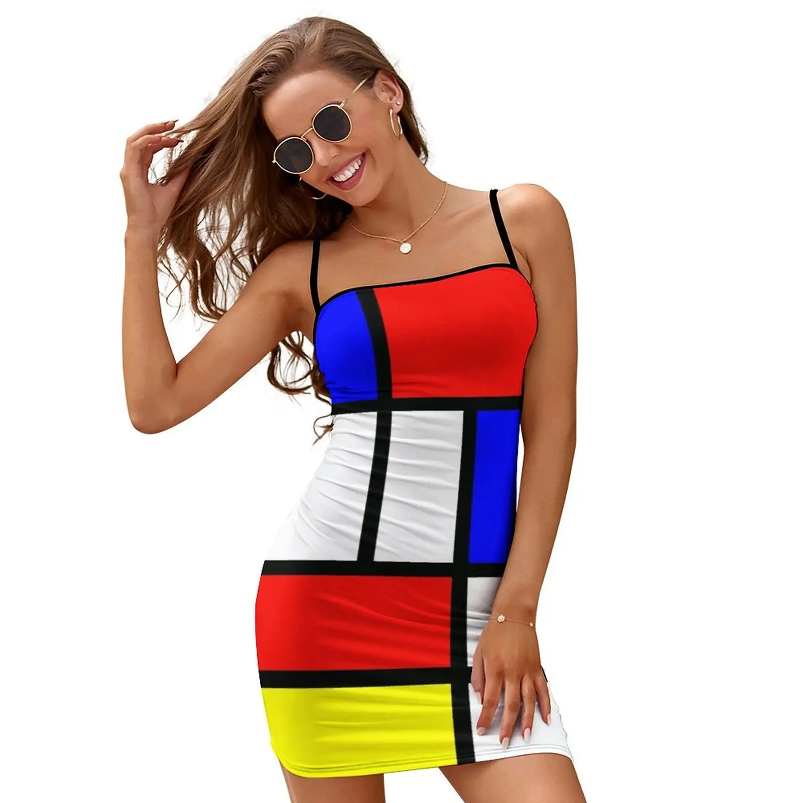 Piet Mondrian Composition 2 Color Block with Red Yellow and Blue Slip Dress Woman's evening dress