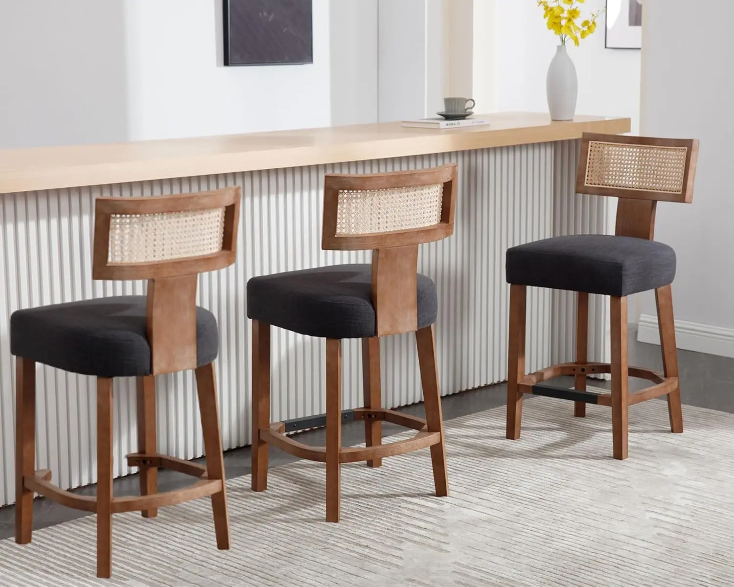 

Set of 3 Counter Height Bar Stools Modern Kitchen Counter Stools with Natural Rattan Woven, Customized