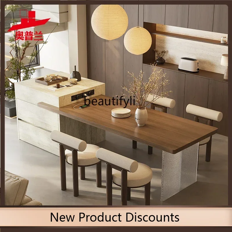 

Asmt56Island table integrated household wood grain rock slab retractable cave stone kitchen guide table