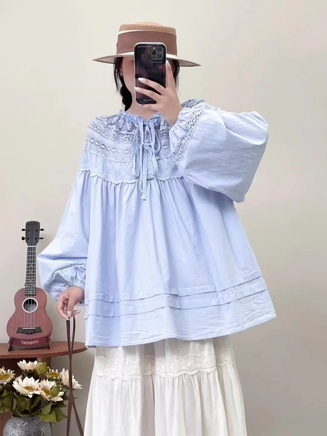 

Mori kei fashion Japanese style lace embroider patchwork hollow out shirts and blouses 100% cotton lolita long sleeve tops