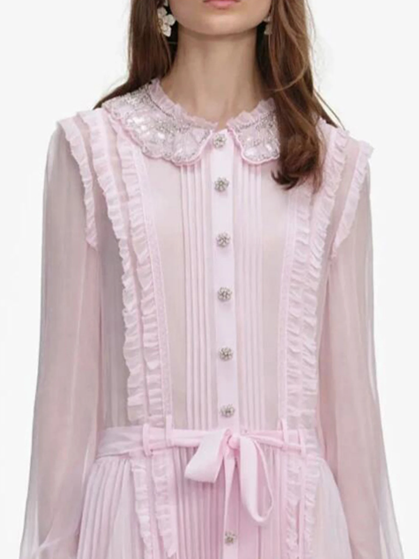 달콤한 장식이 있는 인형 칼라 주름 드레스 여성 프리미엄 패션 가을 겨울 출퇴근 스타일 하이웨이스트 롱 스커트...