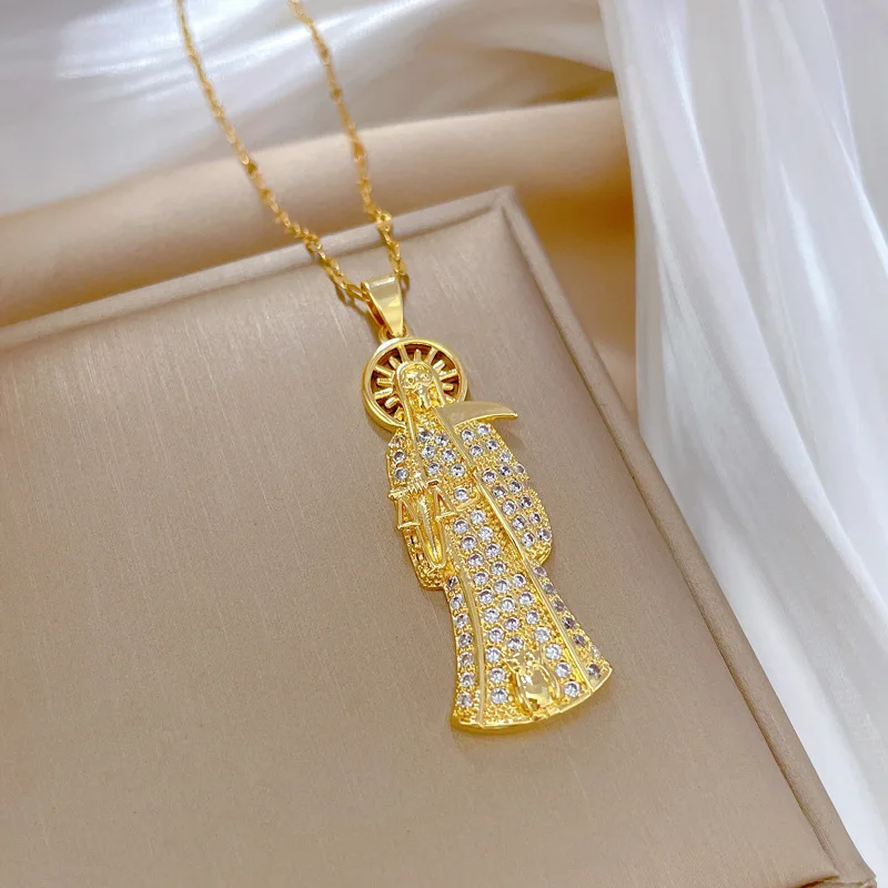 Hip Hop Zircon Crystal Grim Reaper Holy Death God Skull Sickle Men Necklace Stainless Steel Necklaces Jewelry Gift Santa Muerte