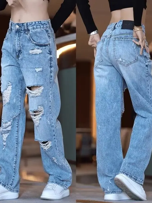 

Street Sle Casual Loose Jeans Men's Straight Leg Tear Hole Jeans Spring Summer American Sle Loose Beggar Pants