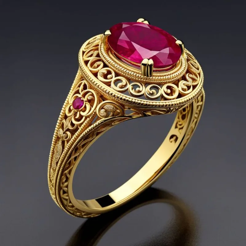 Vintage-Ring für Damen mit eingelegten roten Zirkonia, ästhetisch, goldfarben, handgeschnitzt, hohl, für den Alltag, Partyschmuck, Jubiläumsgeschenk