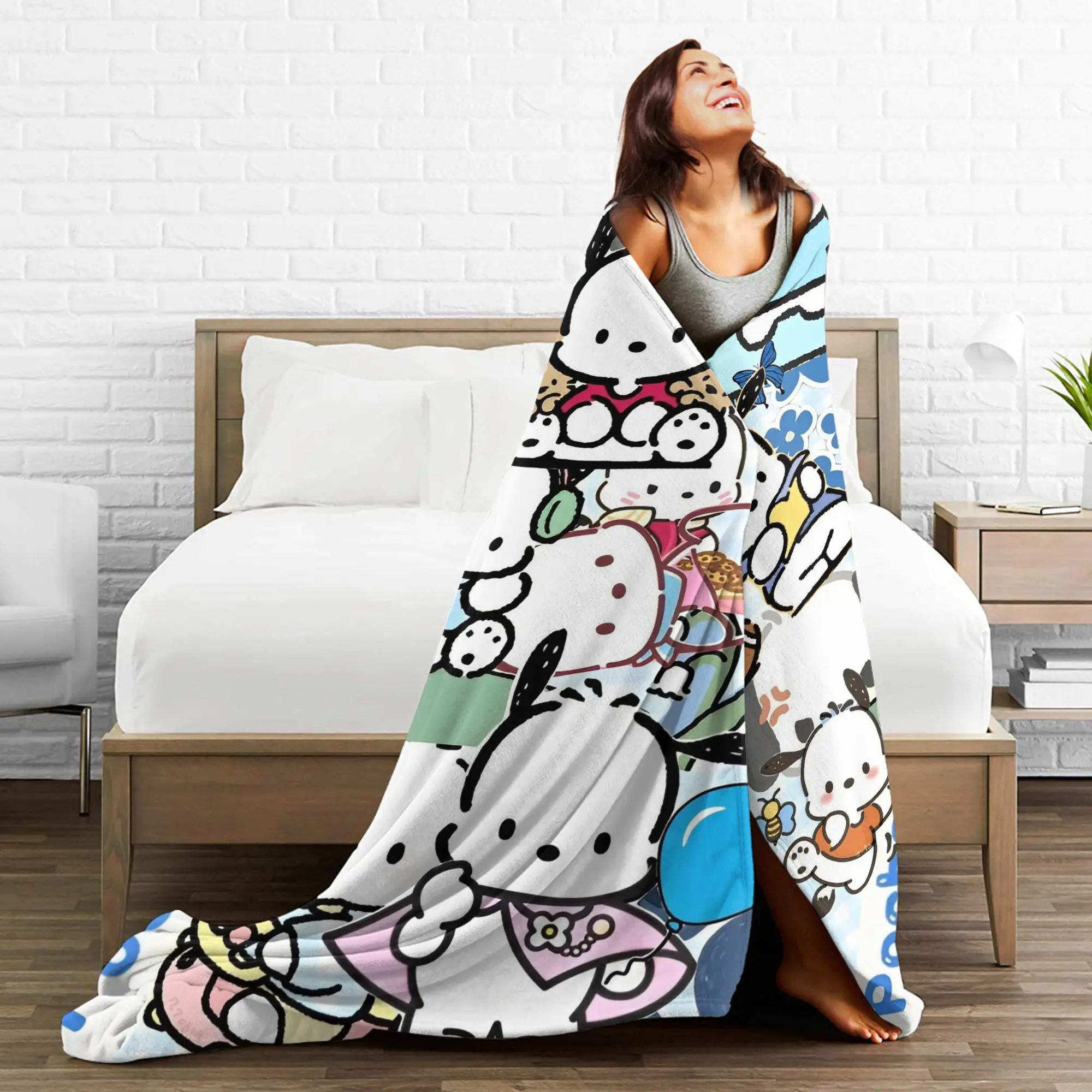 Coperta Kawaii Pochacco di qualità super morbida per cani da cartone animato, carina coperta da tiro, autunno, picnic, soggiorno, comoda copriletto