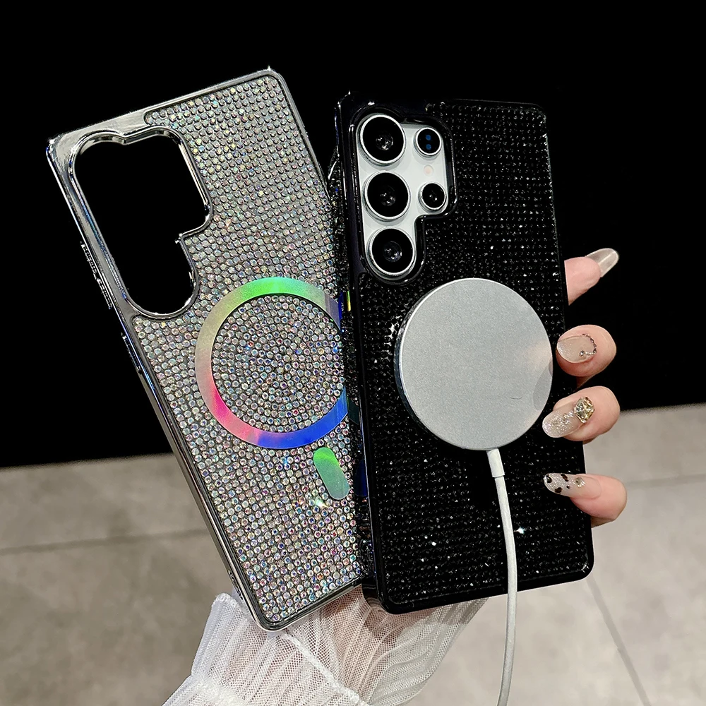 2025LuxursShiny بريق حجر الراين مطلي بولي TPU المغناطيسي جراب هاتف لسامسونج غالاكسي S24 S23 S25 الترا عودة مكافحة الإفلات الغلاف الصلب