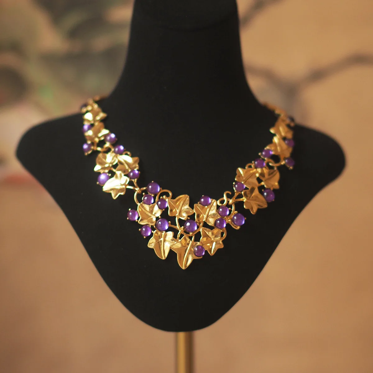 

18th Century Antique 18K Gold Filled Amethyst Bead Choker Monet Garden Flower Plant Neck Chain Purple Necklace Special Jewelry