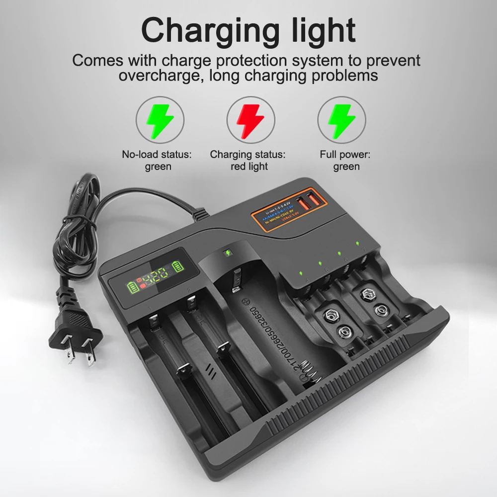 Battery Charger For 18650/26650/21700/32650/14500/16340/ 9V Ni-MH Cd AA AAA Battery Charger LCD Display 7 Charging Slot EU USUSB