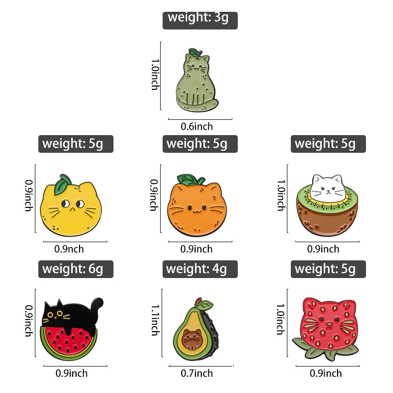 Gato fruta esmalte pinos melancia laranja limão kiwi abacate broche crachá dos desenhos animados animal jóias presente para crianças amigos