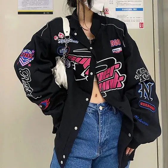 

Trend Hip Hop Y2k Racing Jacket Baseball Motorcycle Zip Up Bomber Jacket Girls Youth Women Emo Grunge Outerwears Outdoor Clothes